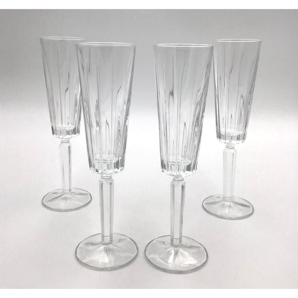 Crystal Champagne Flutes (4) Vertical Cut Hexagon Stem Toasting Glasses Elegant